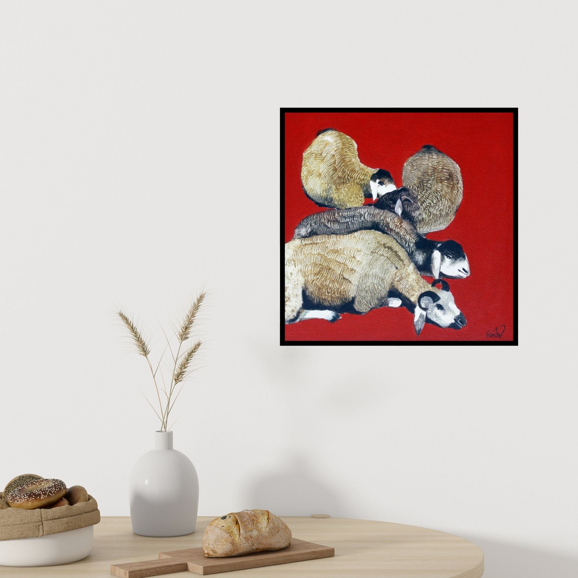 In-situ view of Raosaheb Gurav's 'Lazing Sheep (Crimson Slumber)' painting in a room