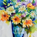 Still-life watercolor painting titled 'Le temps des fleurs', 12x20 inches, by artist Veronique Piaser-moyen on Paper