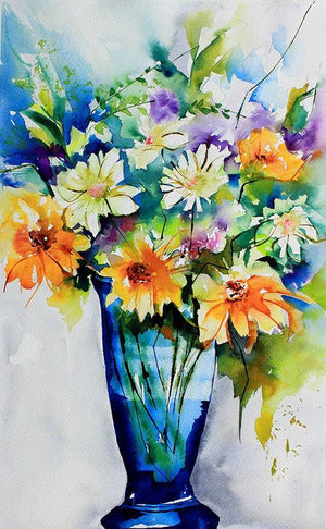 Le Temps Des Fleurs (Summer Rhapsody: A Floral Celebration) by Veronique Piaser-Moyen, Original Watercolor Still-Life Painting on Paper, Small Vertical Wall Art