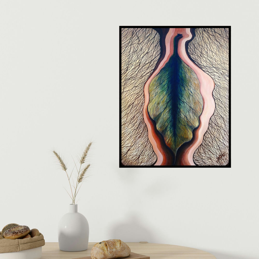 Seby Augustine's 'Leaf' painting visualized above a sofa in a contemporary room.