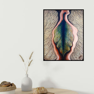 Seby Augustine's 'Leaf' painting visualized above a sofa in a contemporary room.