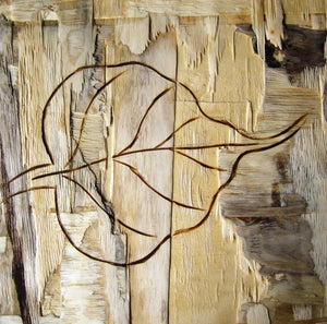 Leafy Wood Ii (Natures Script) by Somen Debnath, Original Mixed Media Abstract Painting on Wood, X-Small Square Wall Art
