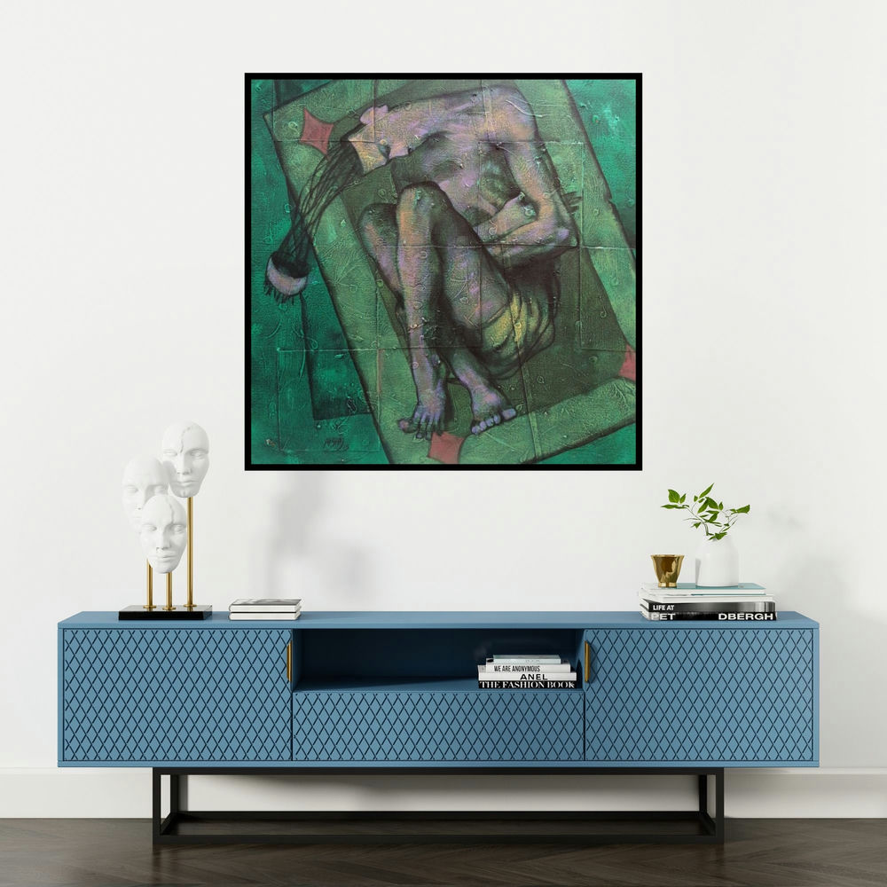 'Leave Me (In the Shadow of Thought)' painting by Akashay Avsare shown on a wall in a furnished room.