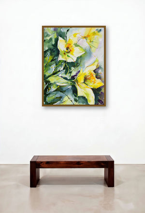 Lechappee (Golden Hour Blooms: A Daffodils Delight) by artist Veronique Piaser-Moyen displayed in a Mid-Century Modern Home Office
