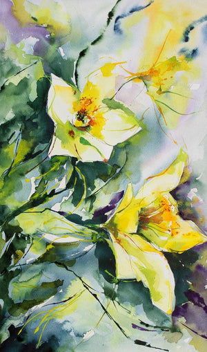 Lechappee (Golden Hour Blooms: A Daffodils Delight) by Veronique Piaser-Moyen, Original Watercolor Still-Life Painting on Paper, Small Vertical Wall Art