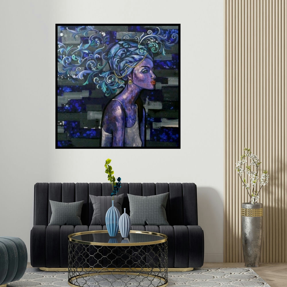 Suruchi Jamkar's 'At Leisure (Indigo Dreams)' painting visualized above a sofa in a contemporary room.