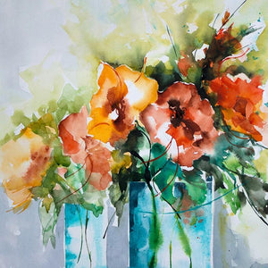 Les Indes Galantes (Autumns Embrace: A Duet of Color) by Veronique Piaser-Moyen, Original Watercolor Still-Life Painting on Paper, X-Small Square Wall Art