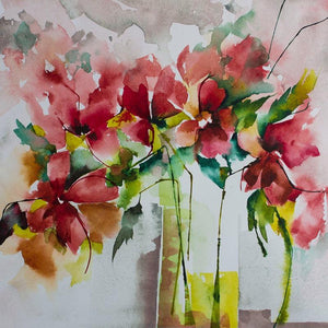 Les Marivaudages De Garance (Ruby Radiance: A Floral Still Life) by Veronique Piaser-Moyen, Original Watercolor Still-Life Painting on Paper, X-Small Square Wall Art