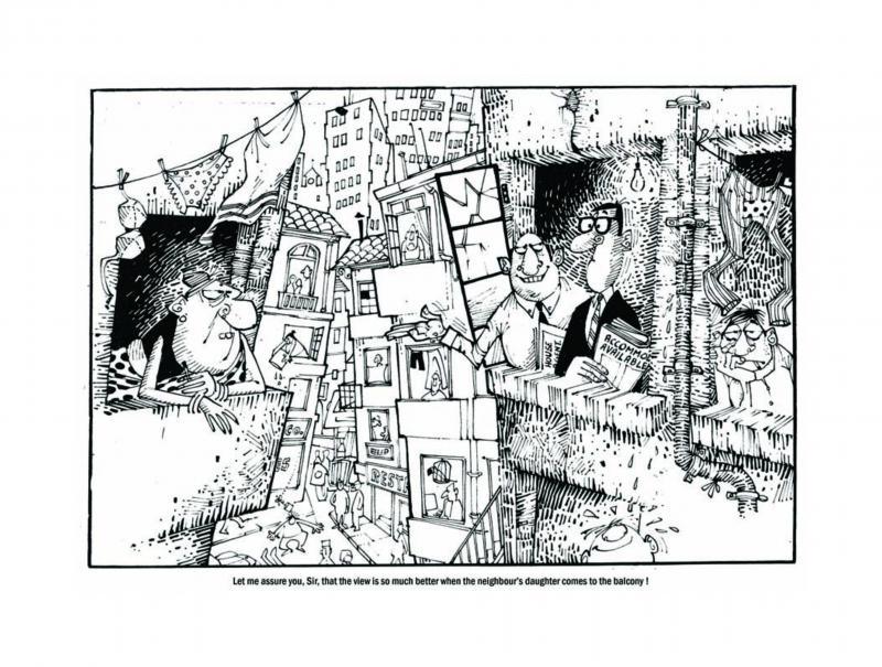 Cityscape pen ink painting titled 'Let Me Assure You', 29x21 inches, by artist Mario Miranda on Paper
