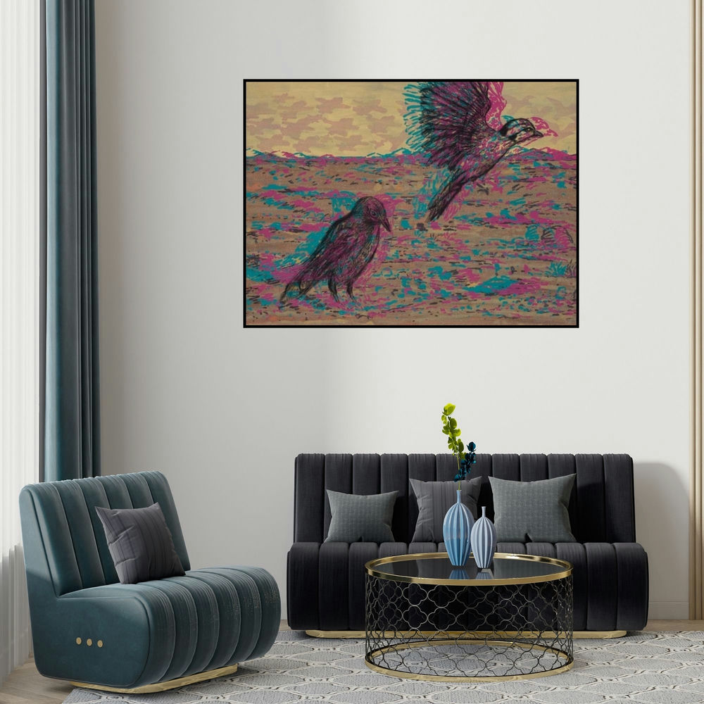 Durgaprasad Bandi's 'Lets Fly Away To A Better Place (Flight and Contemplation)' painting visualized above a sofa in a contemporary room.