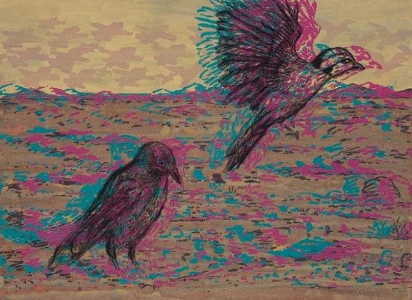 Animals acrylic charcoal painting titled 'Lets Fly Away To A Better Place', 36x48 inches, by artist Durgaprasad Bandi on Canvas