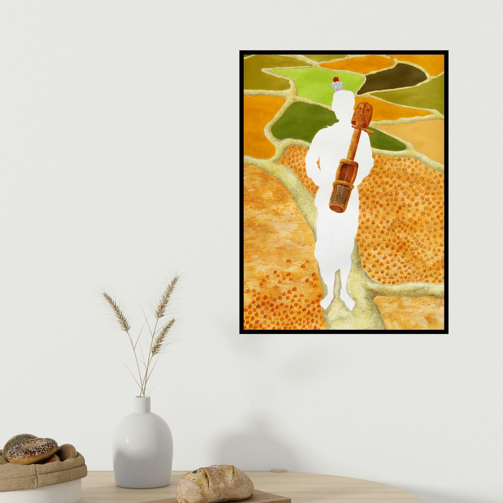 Debaroti Seth's 'Life (The Wandering Song)' painting visualized above a sofa in a contemporary room.