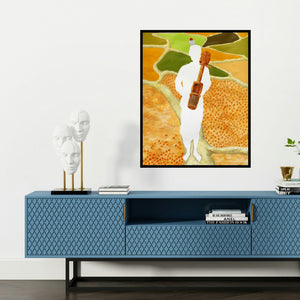 'Life (The Wandering Song)' painting by Debaroti Seth shown on a wall in a furnished room.