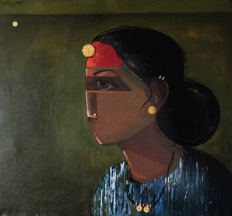 'The Life' figurative mixed-media painting by artist Anuj Jagtap, 18x18 inch, on canvas