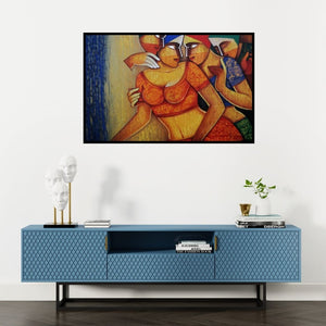 Preview of 'Life 94' Painting by Nawal Kishore shown on a wall in a furnished room.