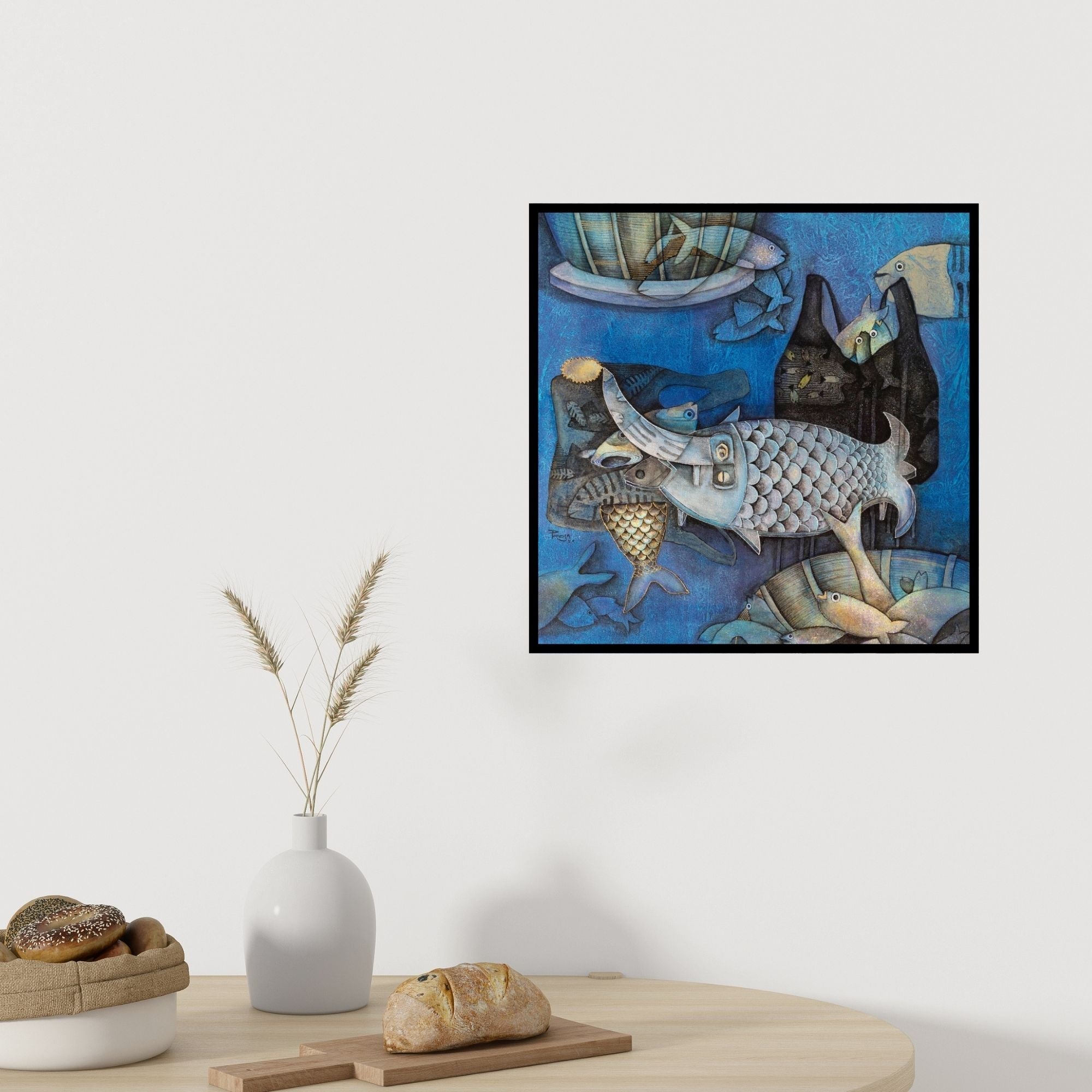 In-situ view of Pooja Mhatre's 'The Life In A Black Wrapper' painting in a room