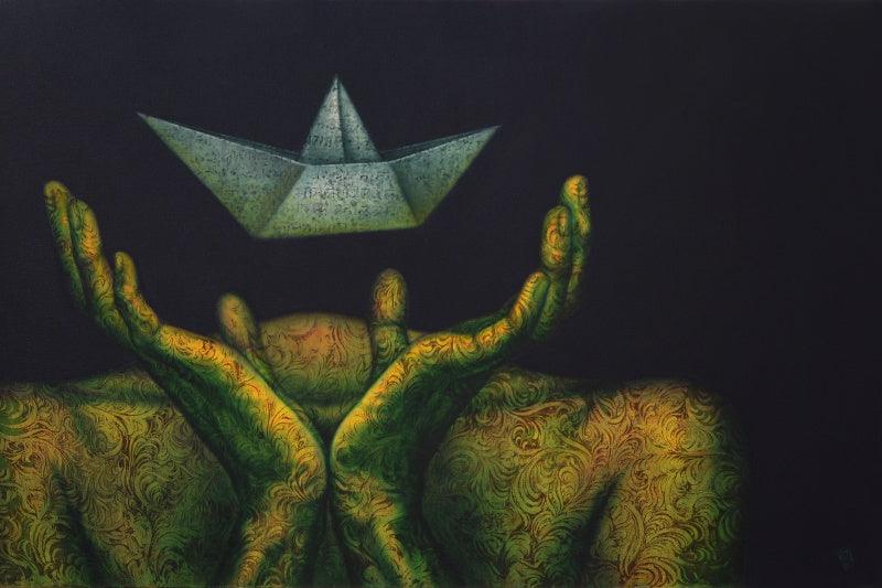 Figurative acrylic painting titled 'Life Boat', 36x54 inches, by artist Nilesh Vede on Canvas