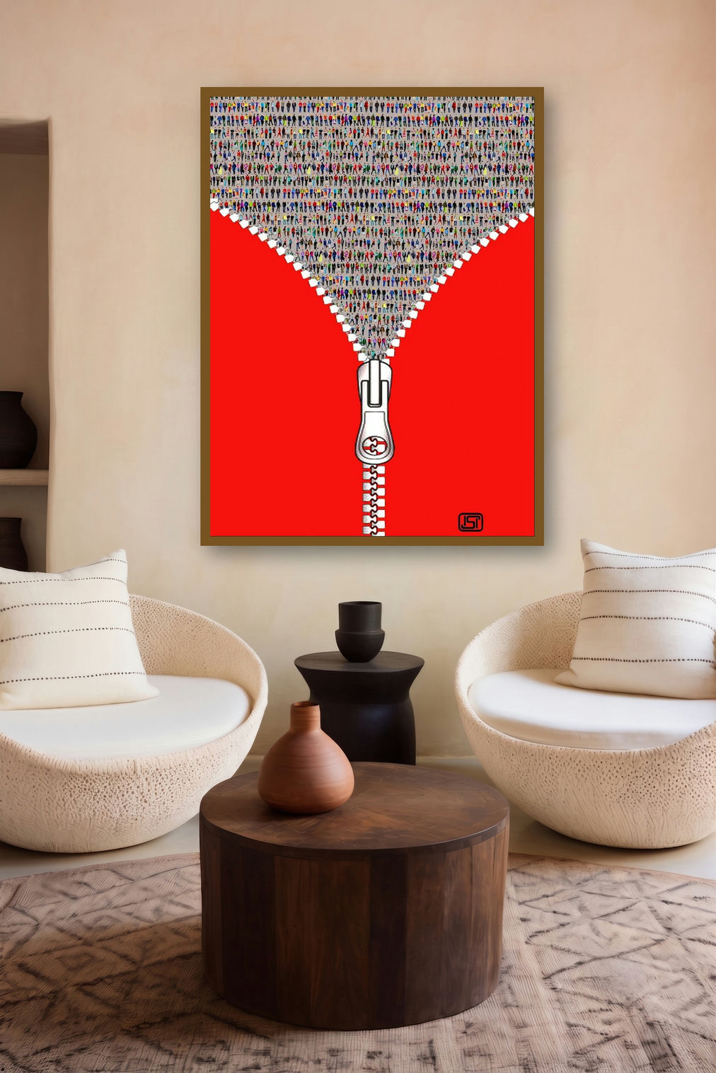 Life Jacket (The Unzipped Crowd) by artist Amarnath Sharma displayed in a Indian Art gallery