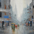 Cityscape acrylic painting titled 'Life On A Rainy Day', 30x36 inches, by artist Purnendu Mandal on Canvas