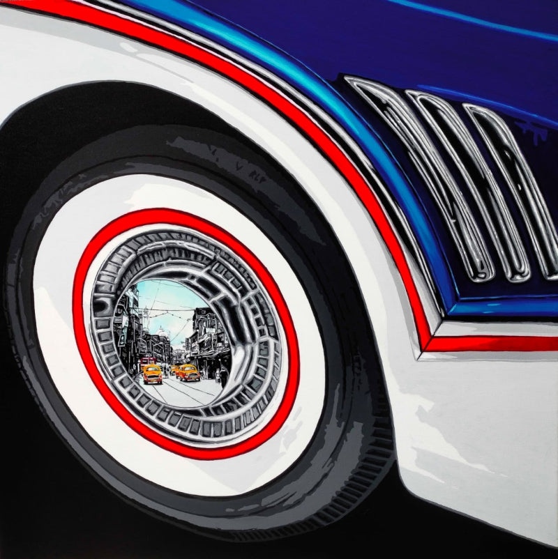 Life Wheel' transportation acrylic painting by artist Sujit Karmakar, 36x36 inch, on canvas