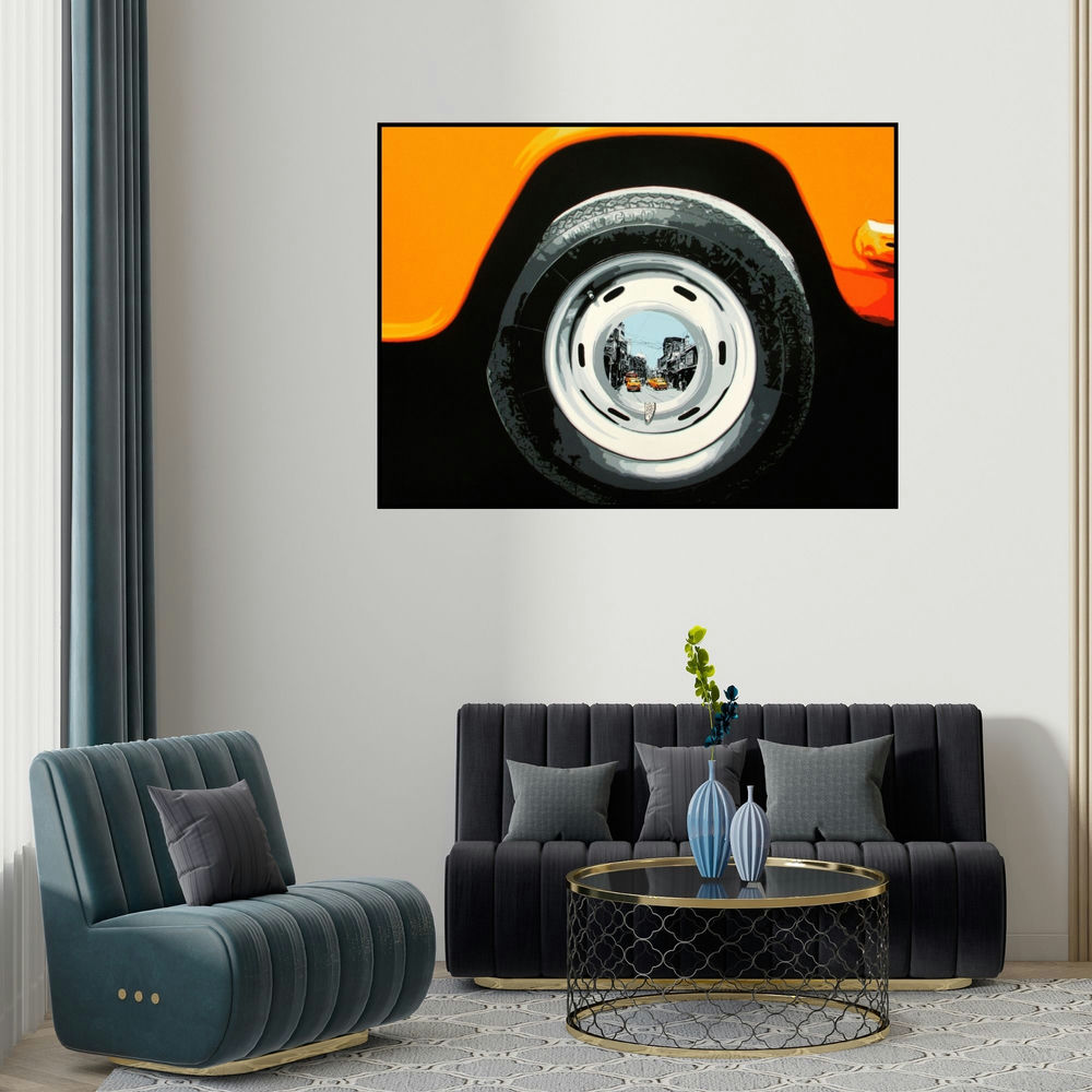 Sujit Karmakar's 'Life Wheel 15 (A World Within)' painting visualized above a sofa in a contemporary room.