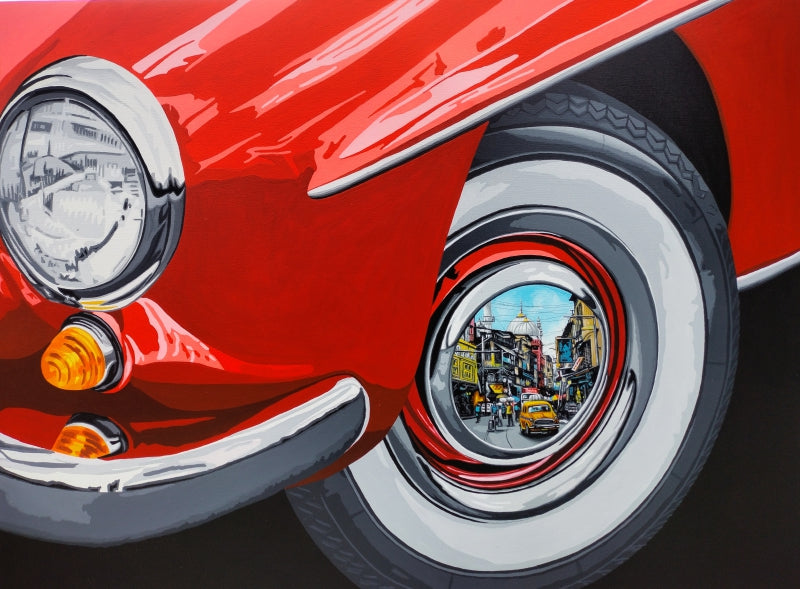 Life Wheel' transportation acrylic painting by artist Sujit Karmakar, 36x48 inch, on canvas
