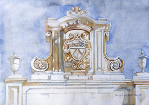 Light 1 (Ornate Facade) by Balaji G Bhange, Original Watercolor Cityscape Painting on Paper, Small Horizontal Wall Art
