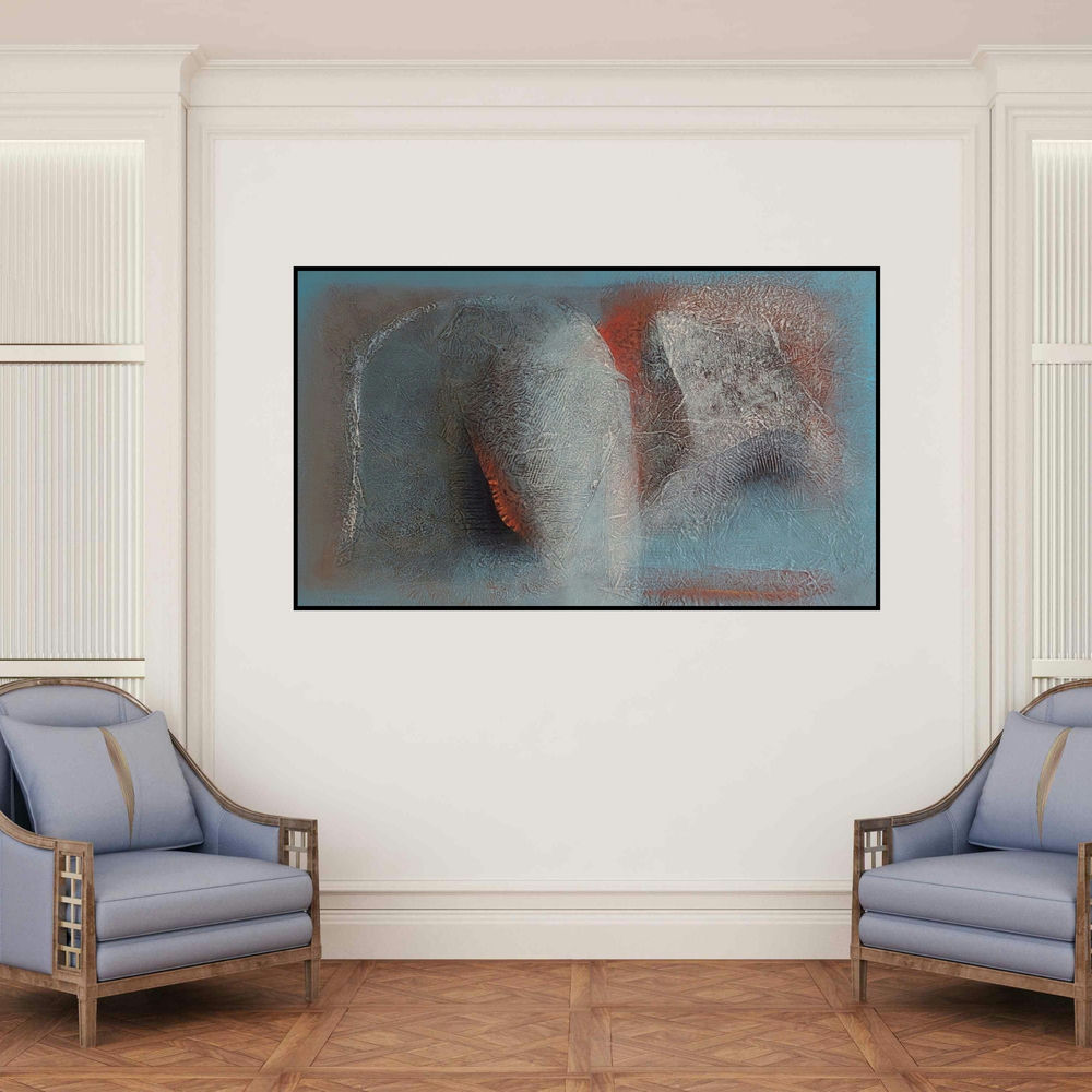 'Light (A Celestial Encounter)' painting by Sanju Jain shown on a wall in a furnished room.
