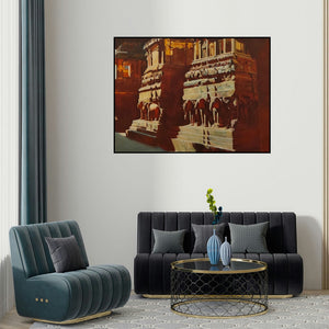Sheetal Bawkar's 'Light And Shade Of Kailas Temple 1 (Sunlight on Stone)' painting visualized above a sofa in a contemporary room.