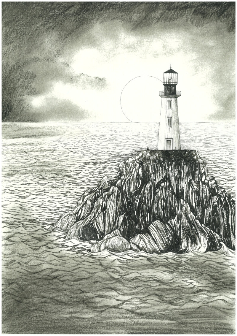 Lighthouse' landscape mixed-media drawing by artist Ninoshka Dias, 17x12 inch, on paper