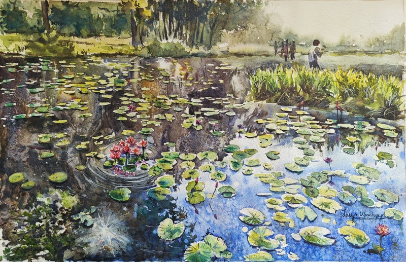 Lilypond 2' nature watercolor painting by artist Lasya Upadhyaya, 15x22 inch, on paper