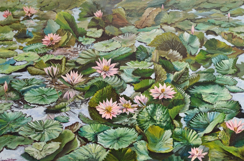 Lilypond Bali' nature acrylic painting by artist Lasya Upadhyaya, 24x36 inch, on canvas