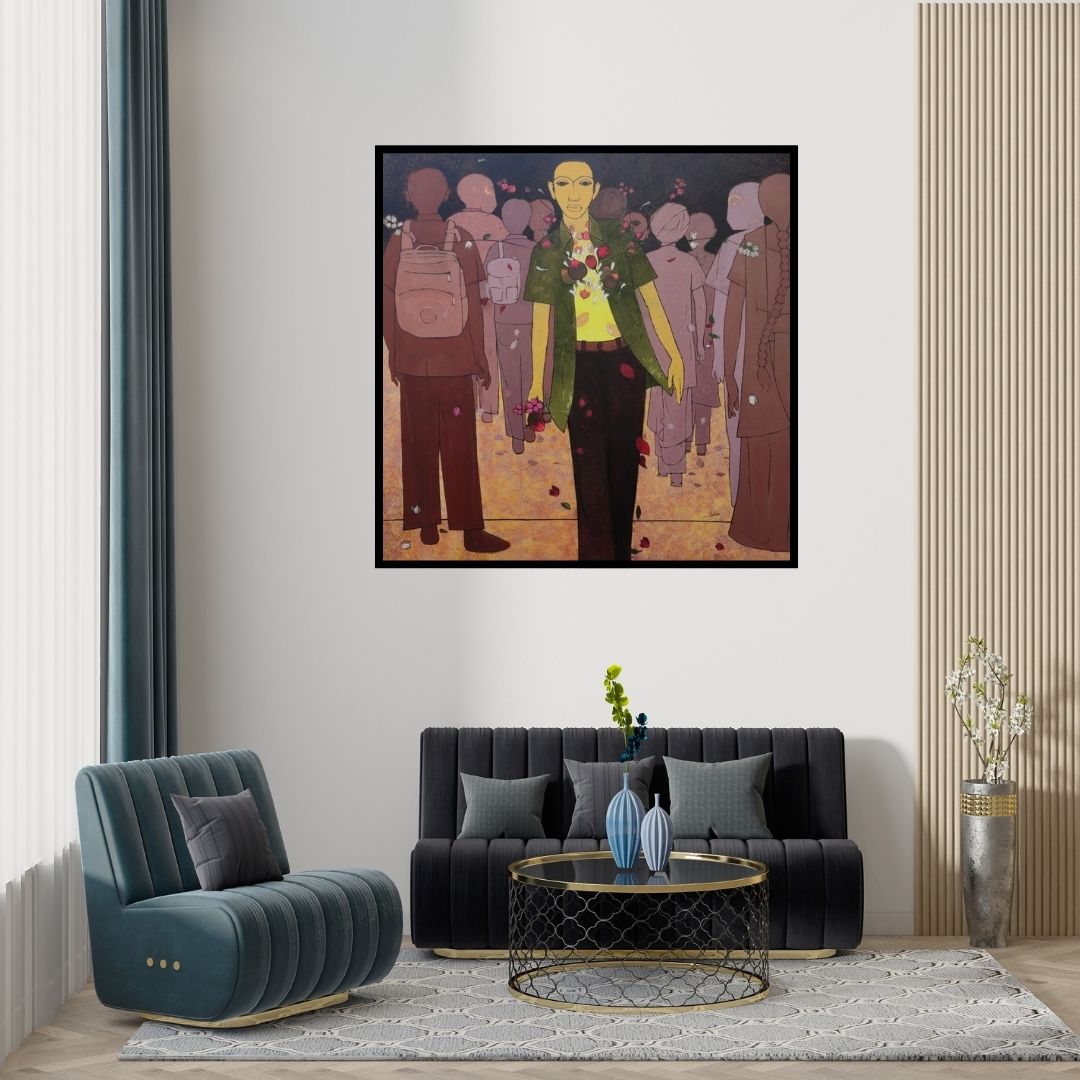 Preview of 'Limelight (The Outsider)' Painting by Rahul Mhetre shown on a wall in a furnished room.