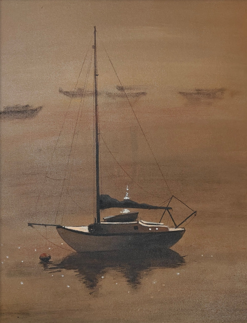 'Listen To The Silence' seascape mixed-media painting by artist Anumitra Basu Mandal, 20x18 inch, on canvas