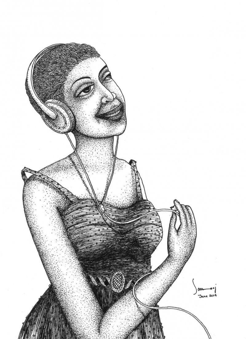 Figurative pen drawing titled 'Listening Music', 11x8 inches, by artist Sanooj KJ on Paper