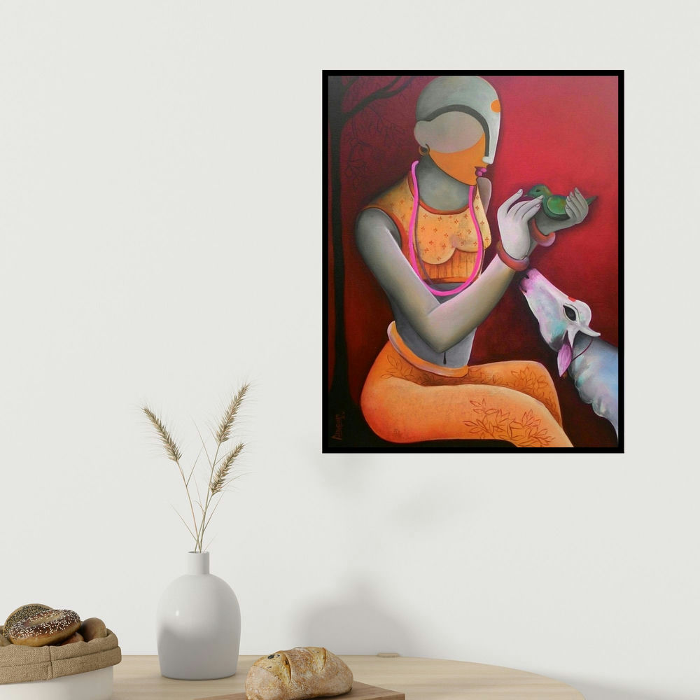 Anupam Pal's 'A Litle Conversation' painting visualized above a sofa in a contemporary room.