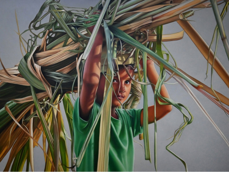 Little Farmer' figurative oil painting by artist Abid Shaikh, 36x48 inch, on canvas