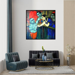 Preview of 'Little Love (Friends at the Temple)' Painting by Apet Pramod shown on a wall in a furnished room.
