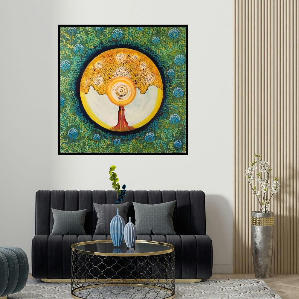 Nitu Chhajer's 'Living In Abundance' painting visualized above a sofa in a contemporary room.