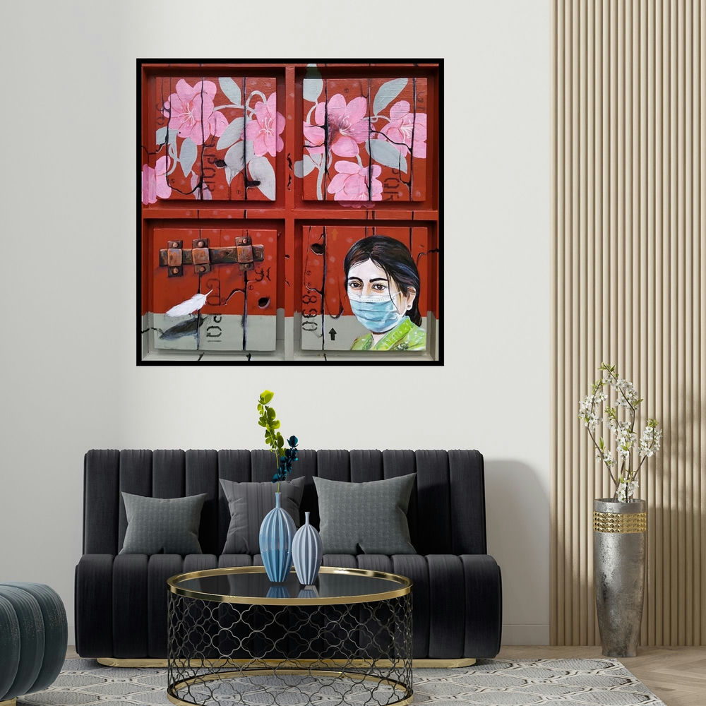Gopal Roy's 'Lockdown (Glimpses of Hope)' painting visualized above a sofa in a contemporary room.