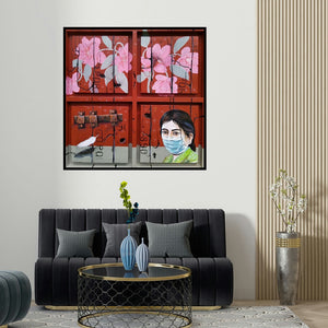 Gopal Roy's 'Lockdown (Glimpses of Hope)' painting visualized above a sofa in a contemporary room.