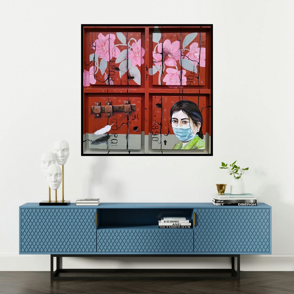 'Lockdown (Glimpses of Hope)' painting by Gopal Roy shown on a wall in a furnished room.
