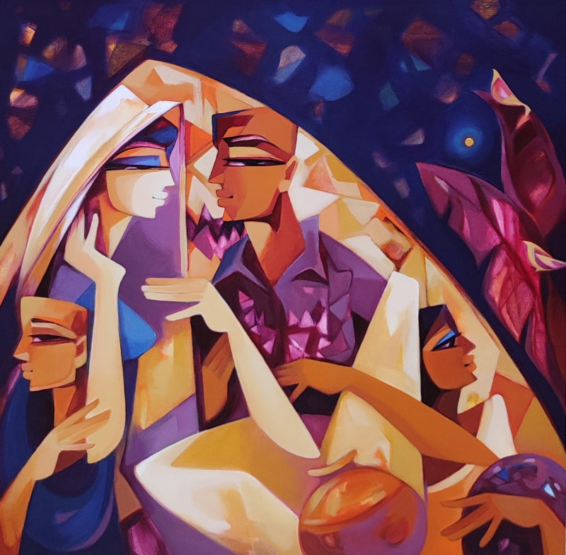 'Lockdown Diaries 2' figurative acrylic painting by artist Laxmi Mysore, 36x36 inch, on canvas