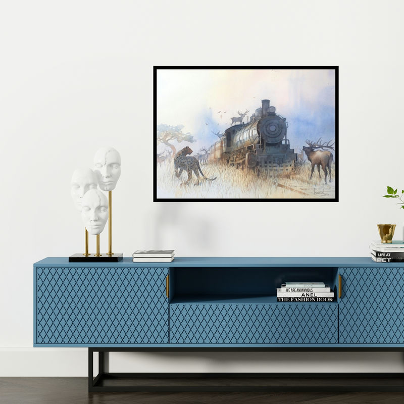Preview of 'Lockdown World (Abandoned Train in the Wild)' Painting by Bijay Biswaal shown on a wall in a furnished room.
