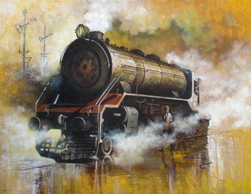 contemporary acrylic painting titled 'Locomotive17', 36x48 inches, by artist Kishore Pratim Biswas on Canvas