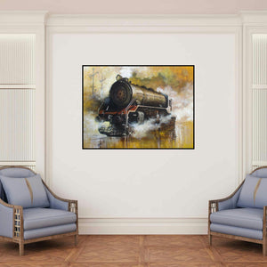 'Locomotive17' painting by Kishore Pratim Biswas shown on a wall in a furnished room.