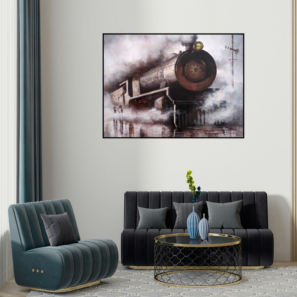 Kishore Pratim Biswas's 'Locomotive20' painting visualized above a sofa in a contemporary room.