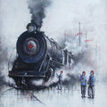 'Locomotives 32' transportation acrylic painting by artist Kishore Pratim Biswas, 44x36 inch, on canvas