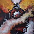 'Locomotives 44' transportation acrylic painting by artist Kishore Pratim Biswas, 37x27 inch, on canvas