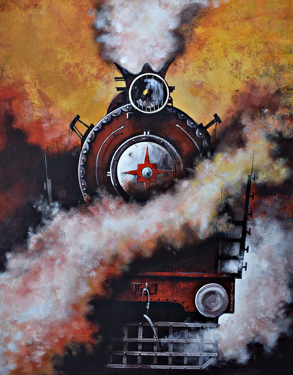'Locomotives 44' transportation acrylic painting by artist Kishore Pratim Biswas, 37x27 inch, on canvas